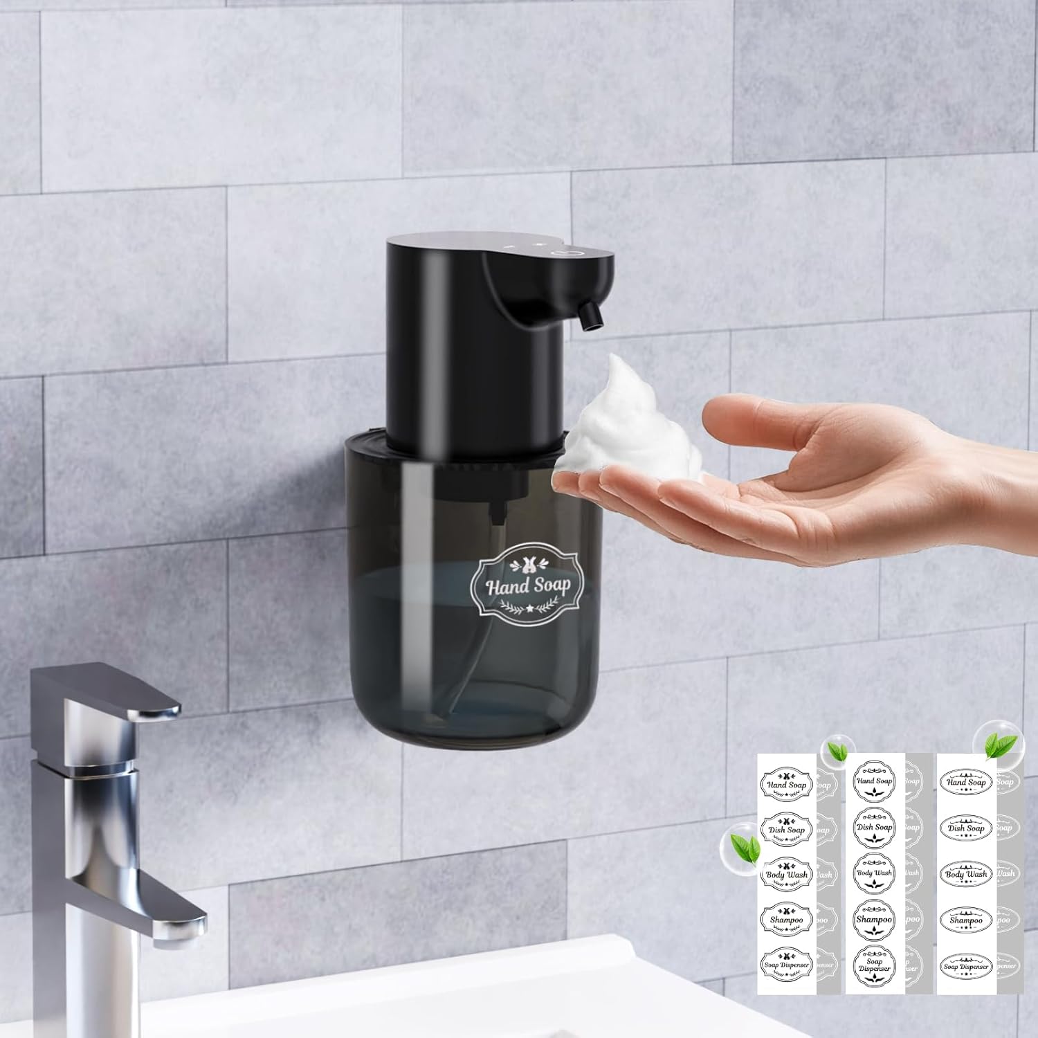 Wall Mounted Automatic Soap Dispenser 13.5oz/400ml Rechargeable Foaming Soap Dispenser Touchless for Hand Dish, IPX5 Waterproof for Bathroom/Kitchen/Washroom, Black