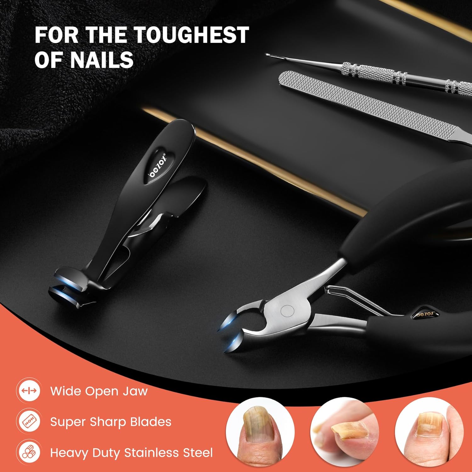 BEZOX Toenail Clipper Kit 4PCS Nail Care Set for Ingrown Toenails β Curved Head Toe Nail Clippers for Seniors for Thick Nails, Thick Fingernail Clippers, Long Nail File & Dual-Ended Lifter - Black - Image 5
