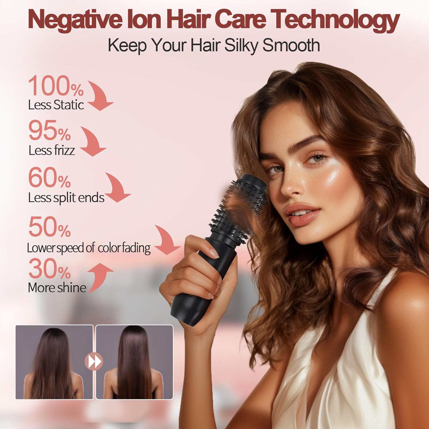 Cordless Hair Curling Iron Brush, Mini Travel Hot Straightener Comb, 3-in-1 Portable Wave Curling Wand, 1.5″ Ionic Heated Brush, USB Rechargeable Hair Curler, Pink - Image 3