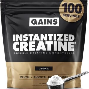 Gains in Bulk Instantized Creatine Monohydrate for Women and Men, Soluble Pre Workout Powder, Supports Muscle Building, Strength and Performance, Bodybuilding Supplements, Unflavored, 100 Servings