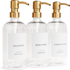 Stylish Shampoo and Conditioner Dispenser Set of 3 - Modern 21oz Shower Soap Bottles with Pump and Labels - Easy to Refill Body Wash Dispensers for an Instant Bathroom Decor Upgrade Clear