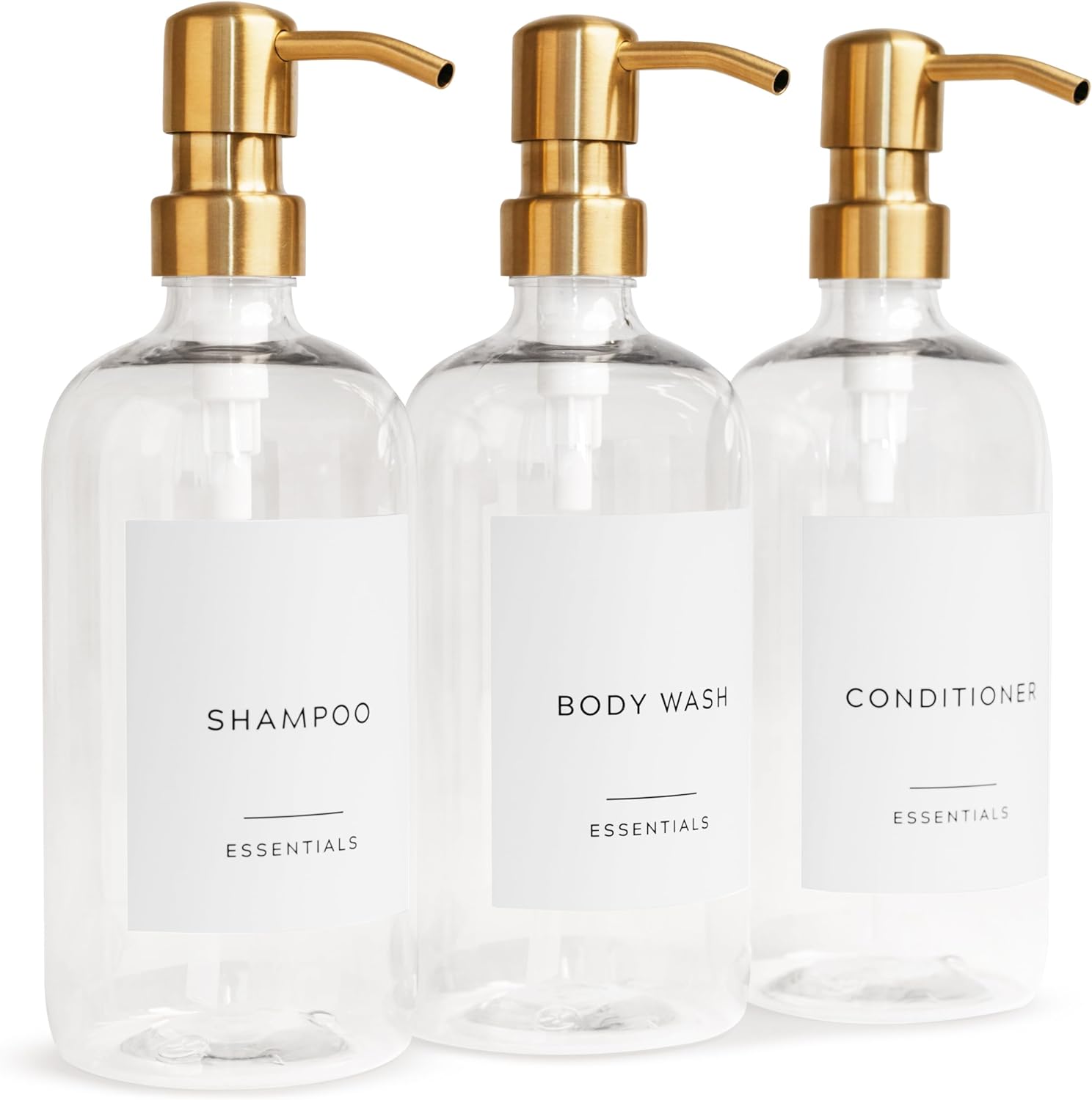 Stylish Shampoo and Conditioner Dispenser Set of 3 - Modern 21oz Shower Soap Bottles with Pump and Labels - Easy to Refill Body Wash Dispensers for an Instant Bathroom Decor Upgrade Clear