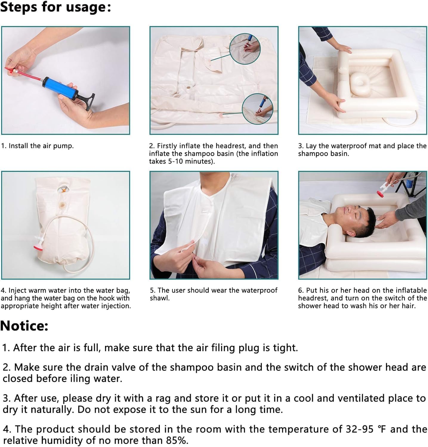Inflatable Bedside Shampoo Set with Water Bag and Waterproof Shawl. Wash Hair in Bed for Children, the Elderly, Pregnant Women, Post-surgery or Bedridden Patients. Water Bag Capacity 2.1 Gallons (8L) - Image 8