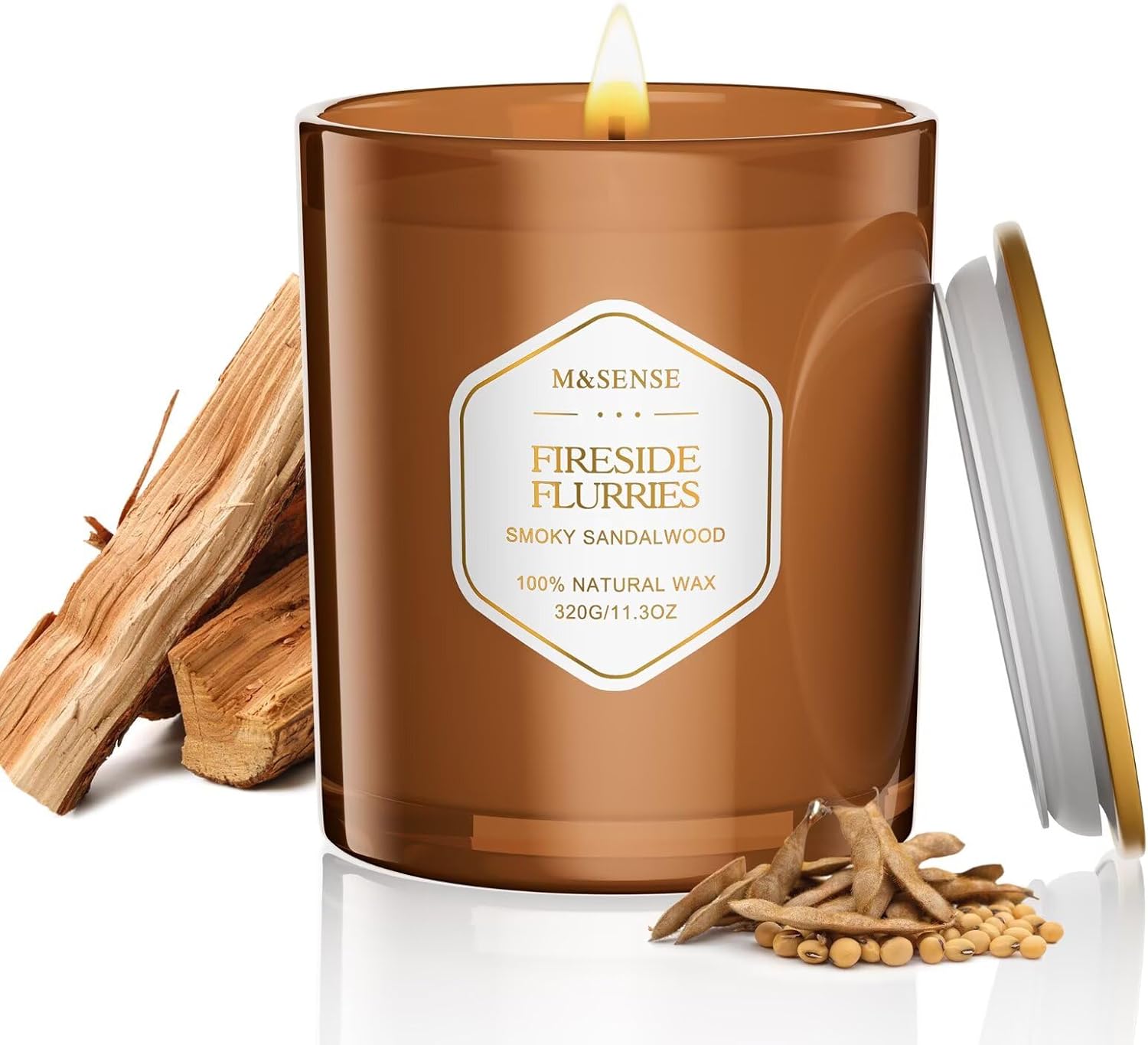 M&SENSE Fireside Flurries Candle - 11.3oz Smoky Sandalwood Scented, 70 Hours Burn Time, Natural Soy Wax for Holiday, Non-Toxic Clean Burn Cotton Wick for Spa Yoga