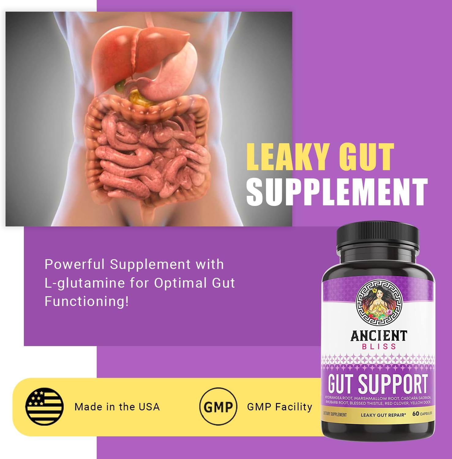 Ancient Bliss 60 Vegan L-Glutamine Capsules Leaky Gut Support - Image 2