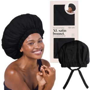 Kitsch XL Satin Bonnet for Sleeping - Softer Than Silk Hair Bonnet for Women - Secure Fit, Adjustable Night Cap for Curly & Textured Hair - Prevents Breakage, Tangles & Thinning - Black