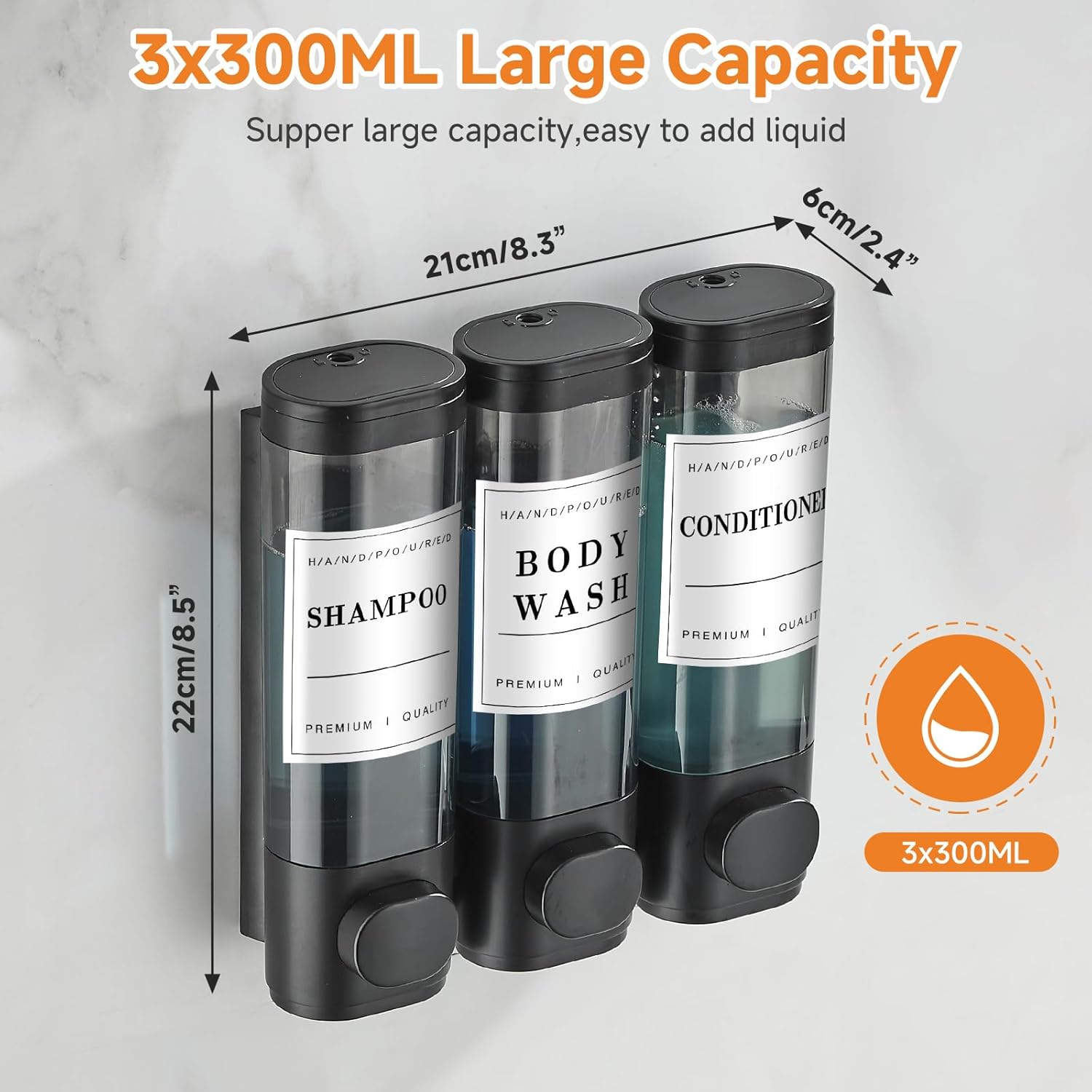 Matte Black 3-Chamber Wall-Mounted Shampoo Conditioner Dispenser for Shower - Image 4