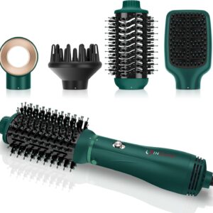 IG INGLAM Hair Dryer Brush, 4-in-1 Detachable Blow Dryer Brush, Ionic Diffuser Hair Dryer & Styler Volumizer with Oval Titanium Barrel, One-Step Hot Air Blowout Brush, Dark Green
