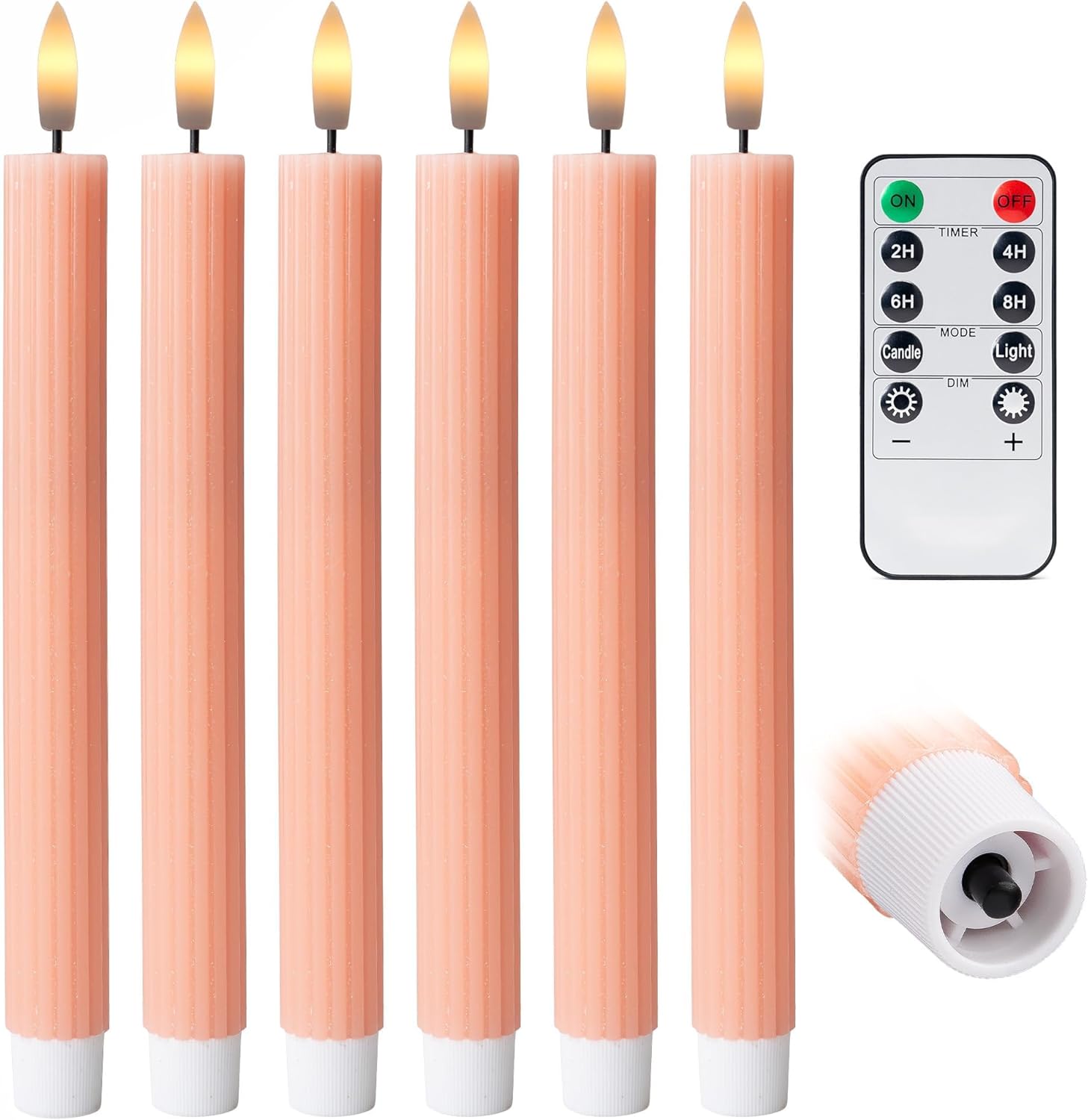 6 Pack 10 Inch Pink Peach LED Flameless Taper Candles with Remote Timer - Image 2
