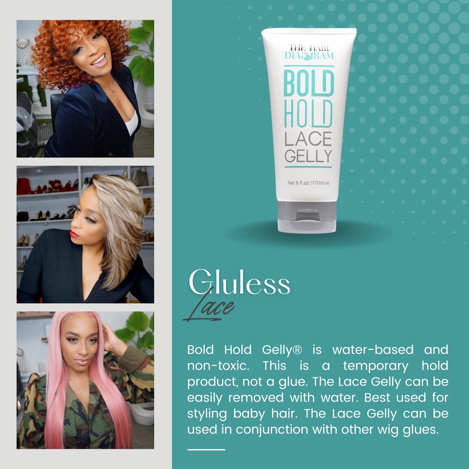 The Hair Diagram - Bold Hold Lace Gelly - Glueless - Temporary Daily Hold For Lace Front Wigs and Hair Systems - Styling Agent For Baby Hairs - Non Toxic - Alcohol Free - Water Based Formula - 6oz - Image 4
