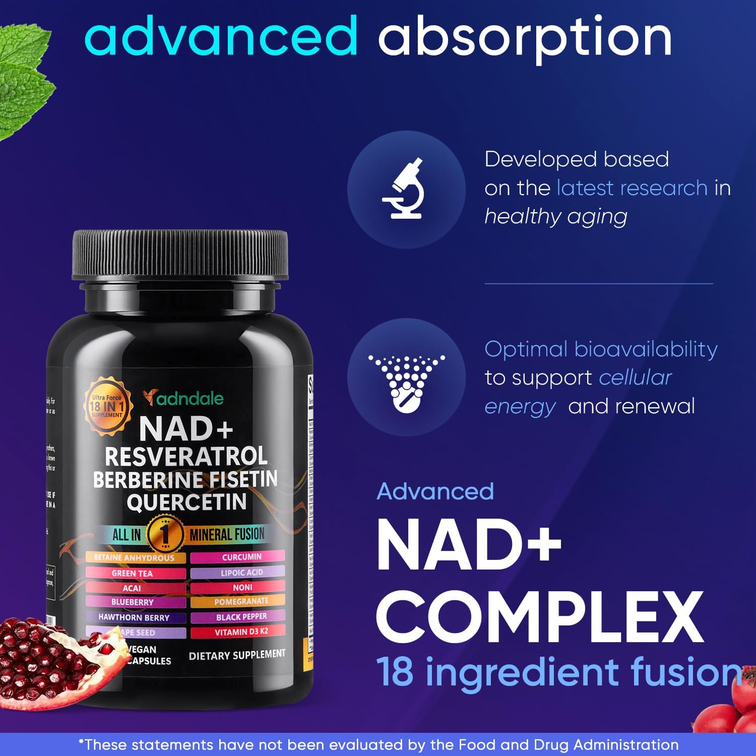 NAD Supplement. Longevity Formula with Liposomal NAD+, Trans Resveratrol, Quercetin, Berberine, Betaine Anhydrous, Grape Seed, Fisetin. NAD Resveratrol Supplement with Berberine 90 Capsules. - Image 3
