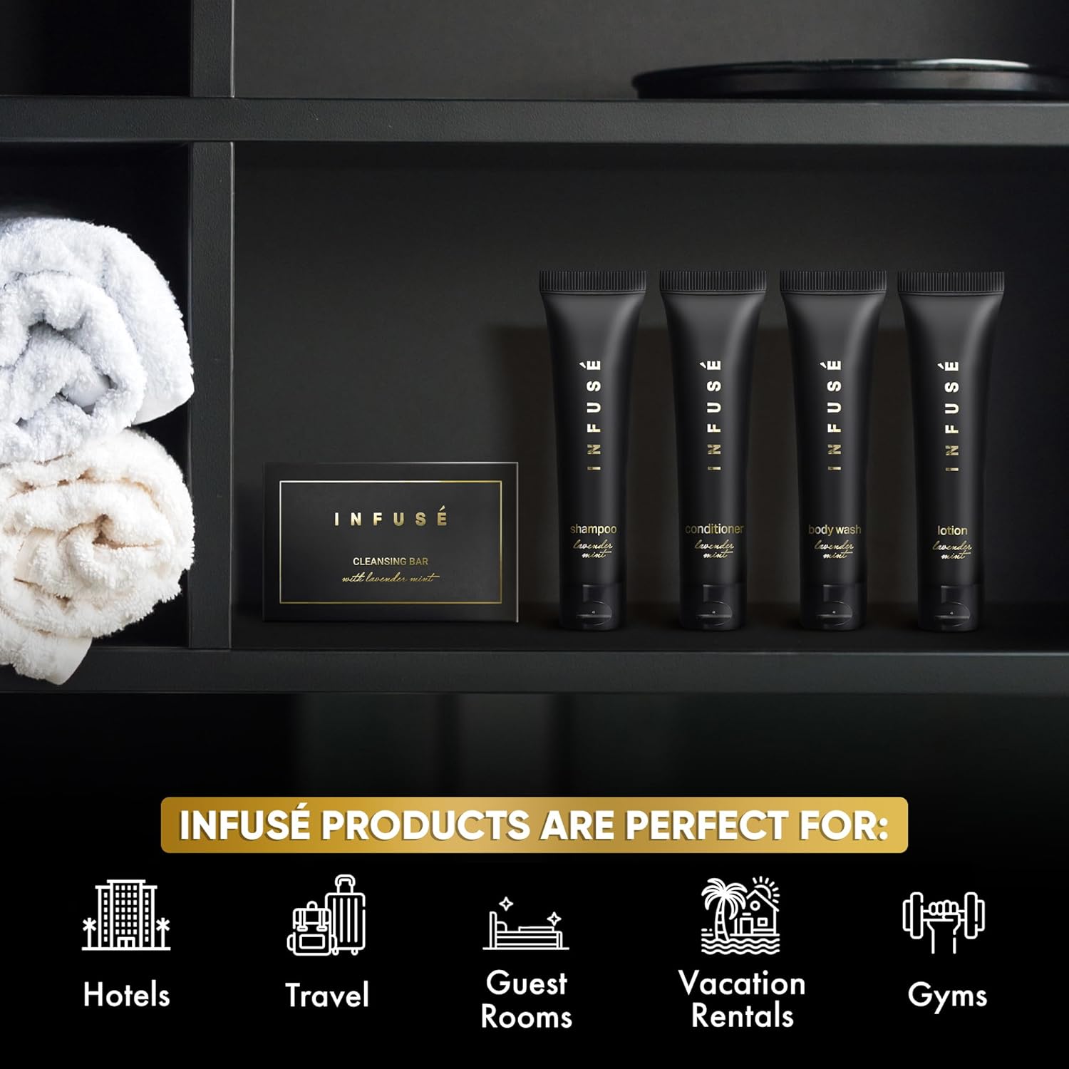 Infuse Black Soaps & Toiletries Bulk Set | 1-Shoppe Amenities Kit for Hotels & Vacation Rentals | 1 oz Shampoo, Conditioner, Body Wash, Lotion, 1.25 oz Cleansing Bar | 75 Pieces - Image 3