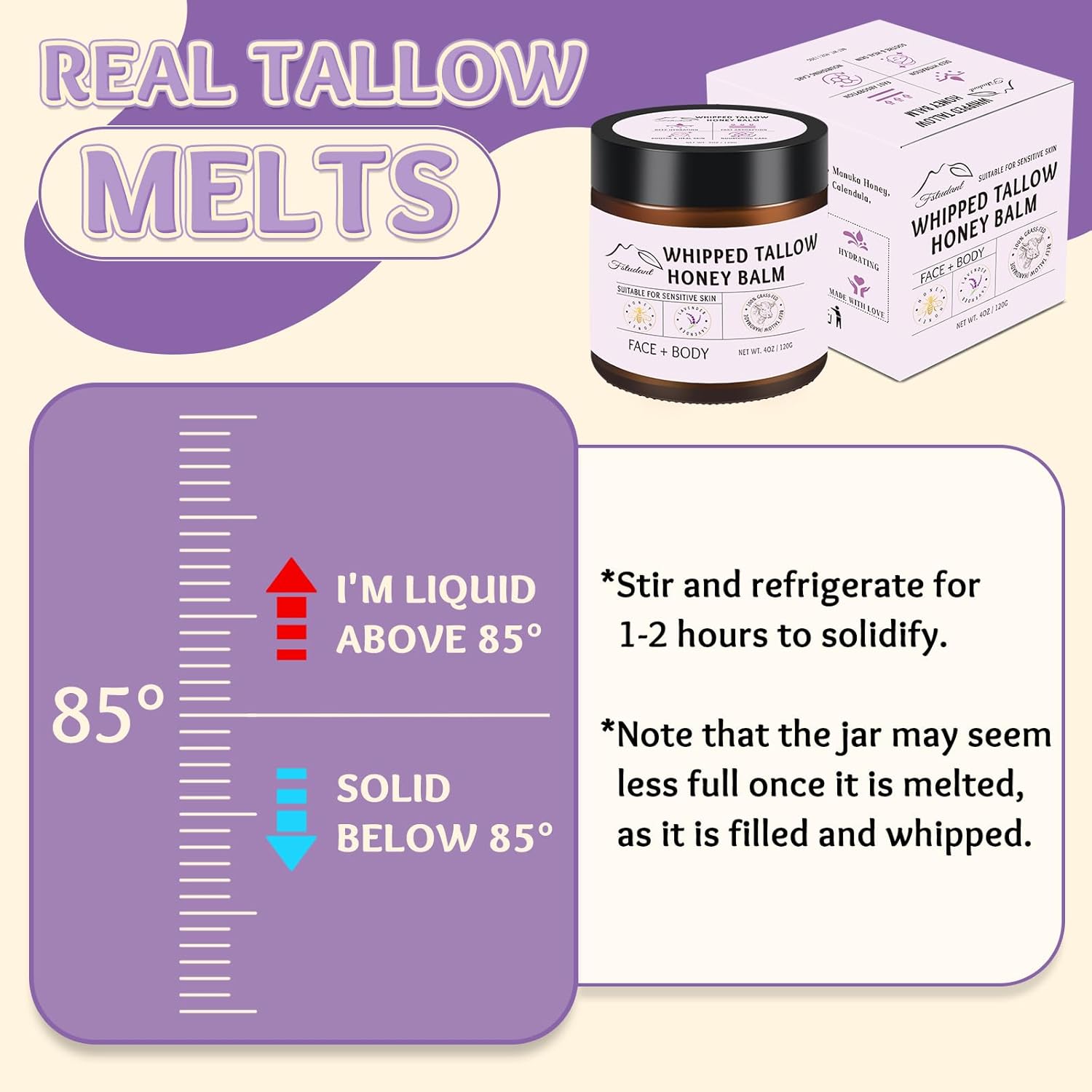 All Natural Lavender Beef Tallow and Honey Whipped Face and Body Moisturizer 4oz - Image 6