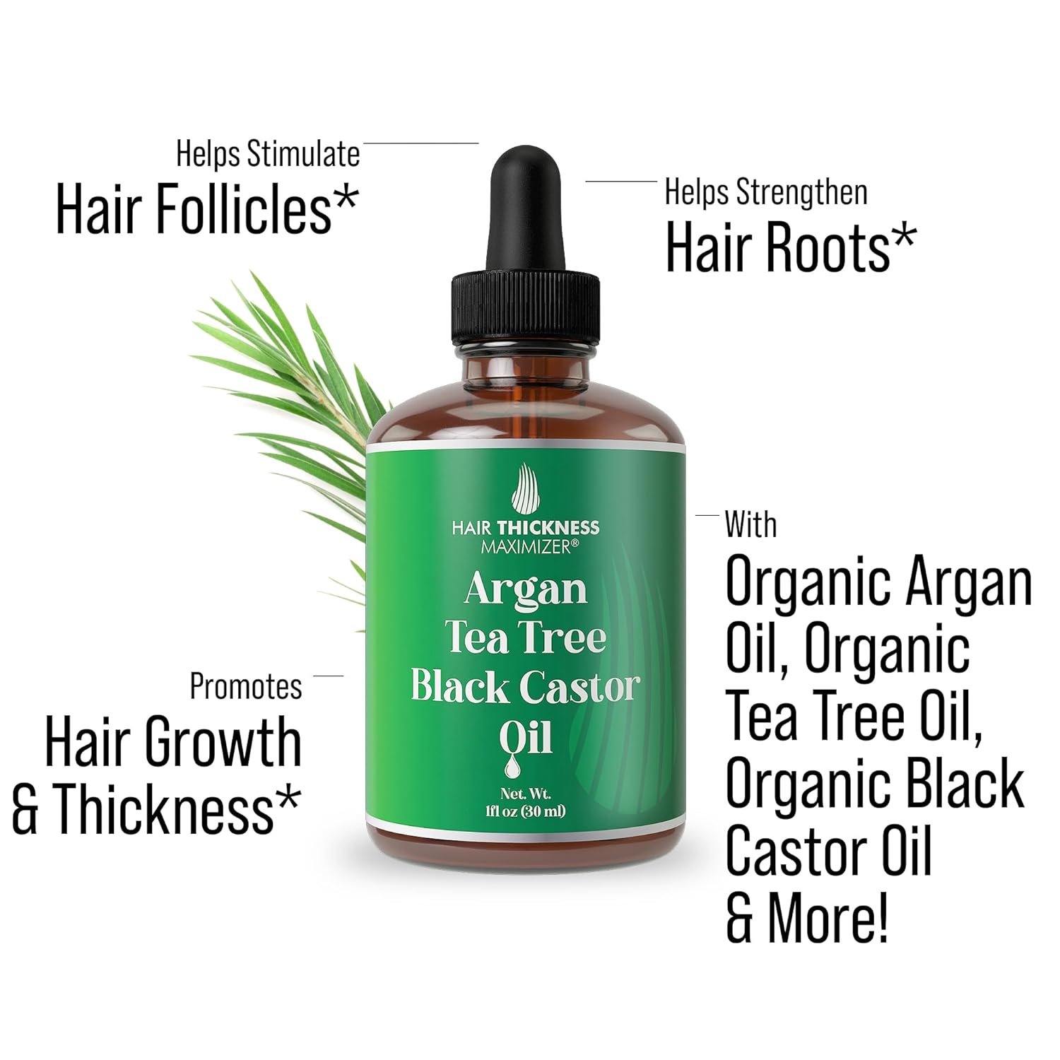 Argan + Tea Tree + Black Castor Oil for Hair Growth. Strengthens & Hydrates Thinning, Dry Hair for a Healthier-Looking Scalp. For Women & Men – Vegan 1oz Serum - Image 2