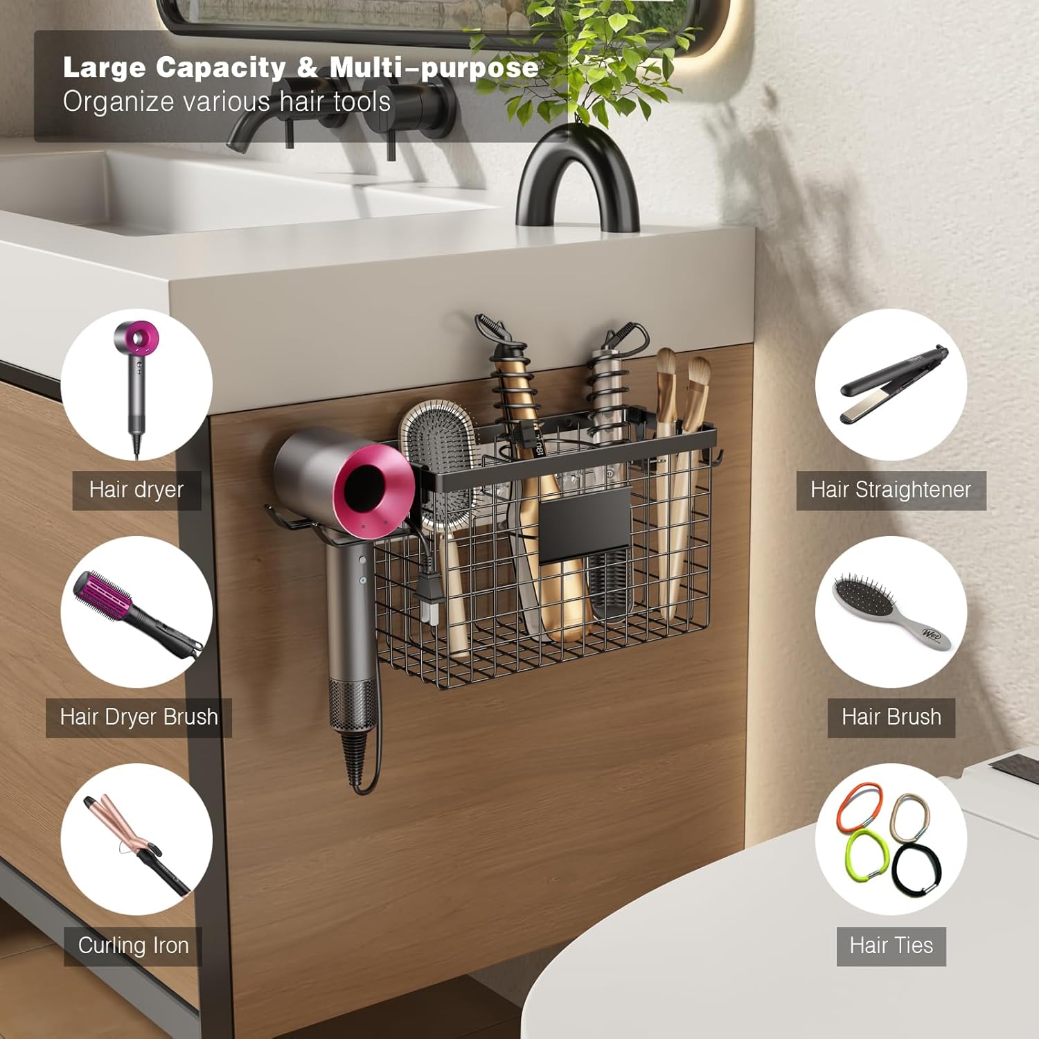Voldra 2 Pack Black Adjustable Hair Dryer Holder Cabinet Door Wall Mount - Image 2