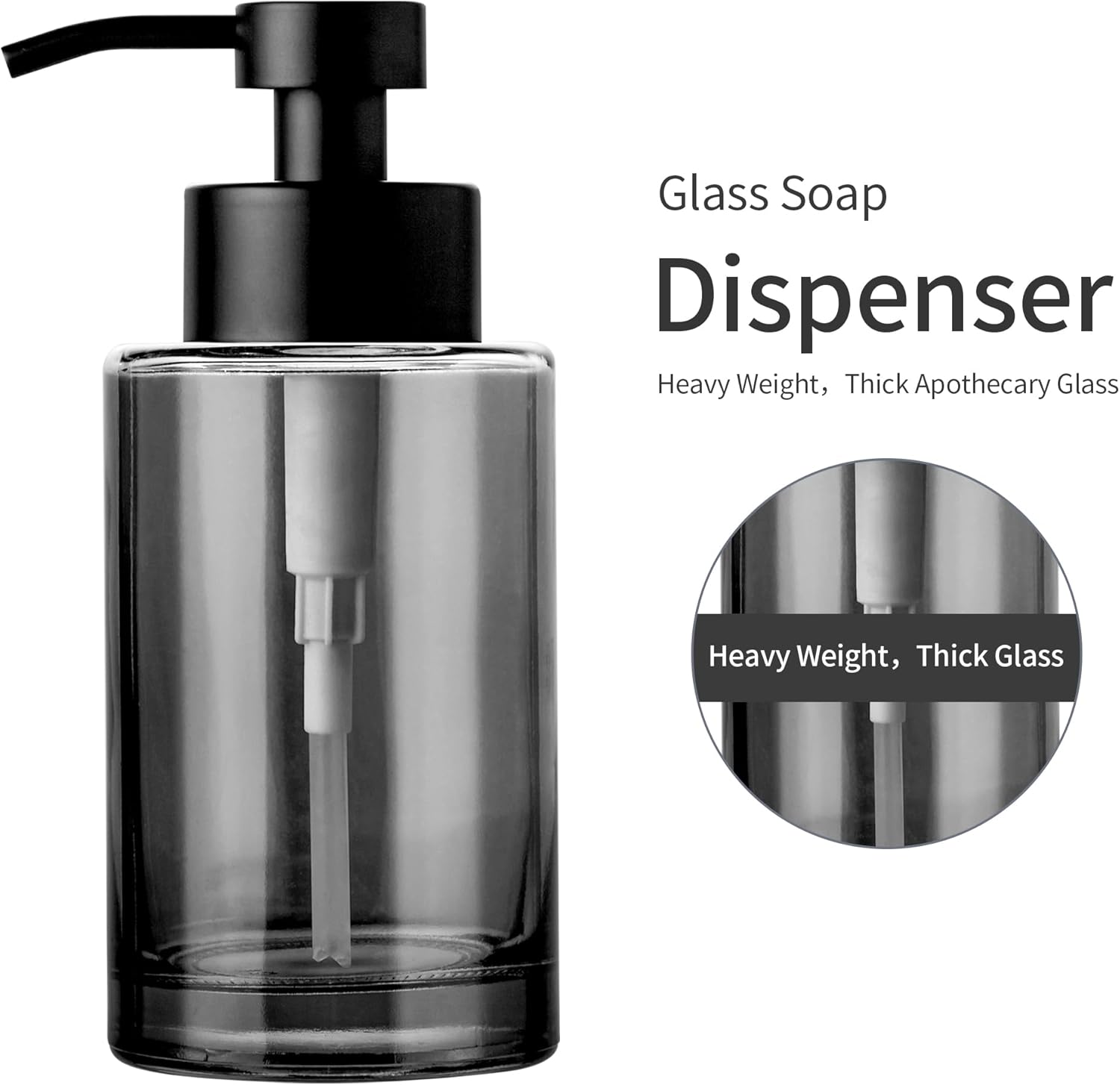 Enra 12oz Black Thick Glass Foaming Soap Dispenser with Stainless Steel Pump - Image 3