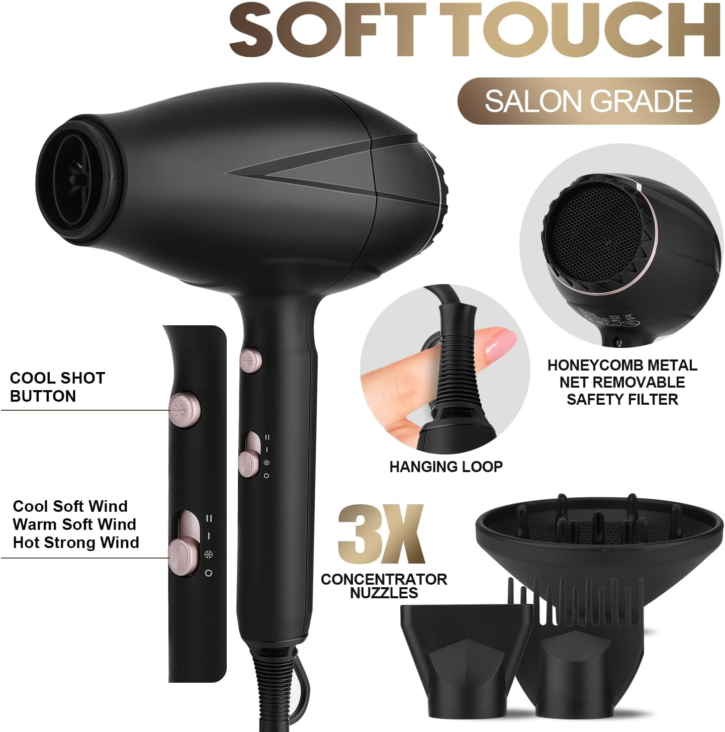 RESUXI Professional Ionic Hair Dryer,2200w AC Motor Blow Dryer Fast Drying Low Noise Travel Hair Dryers with Diffuser Nozzle Concentrator Comb for Women Curly and Straight Hair - Image 5