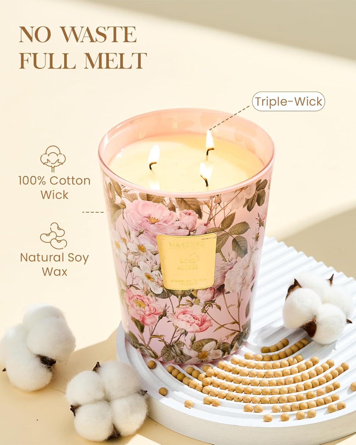 M&SENSE Extra Large Candle Rose Amber Scented, 3-Wick 35oz 150H Long Lasting, Natural Soy Wax Aromatherapy Candle for Stress Relief, Home Fragrance Housewarming Gifts Candle for Home Decor - Image 3