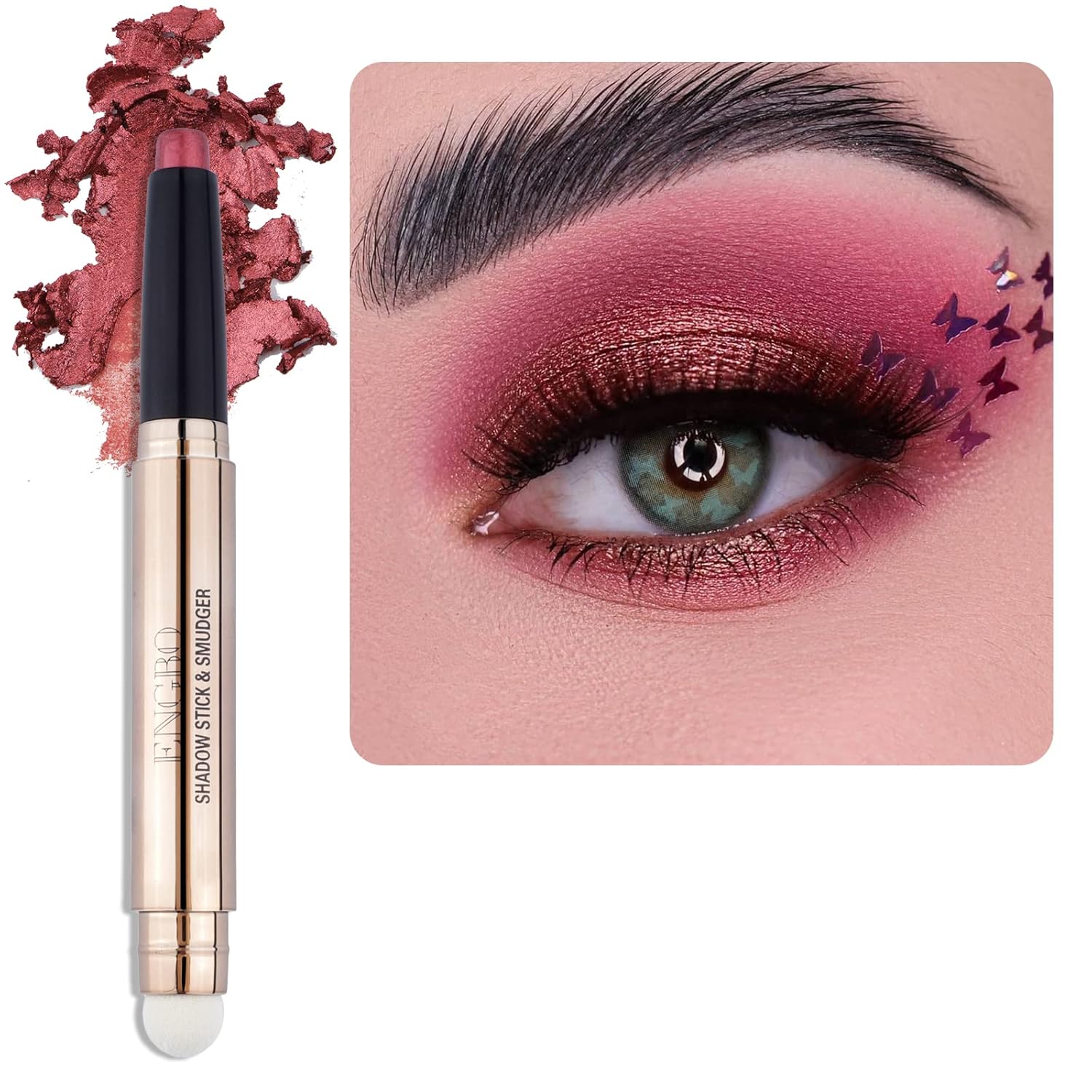 Shimmer Cream Eyeshadow Stick, Eye Brightener Stick Glitter Eyeshadow Crayon Pencil with Soft Smudger, Long Lasting Waterproof Highlighter Eye Shadow Makeup (06 Rose Red Shimmer)