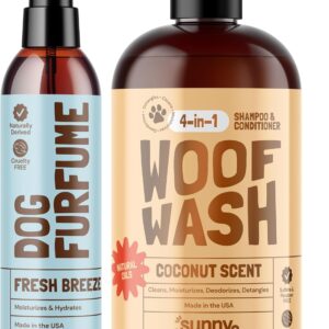 Sunny & Honey 4-in-1 Dog Shampoo and Conditioner & Perfume Spray Bundle - Moisturizing Body Wash - Detangling Spray Deodorizer (Coconut Woof Wash 16oz, Breeze Perfume 8oz)