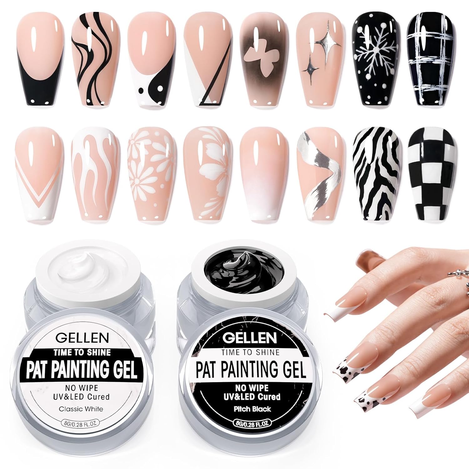 GELLEN Nail Painting Gel 2Pcs 8G Black & White No Wipe Pat Painting Nail Gel for Drawing Striper Liner Floral Painting Gel Polish Nail Art for Salon Home DIY Manicure, UV/LED Curing Required