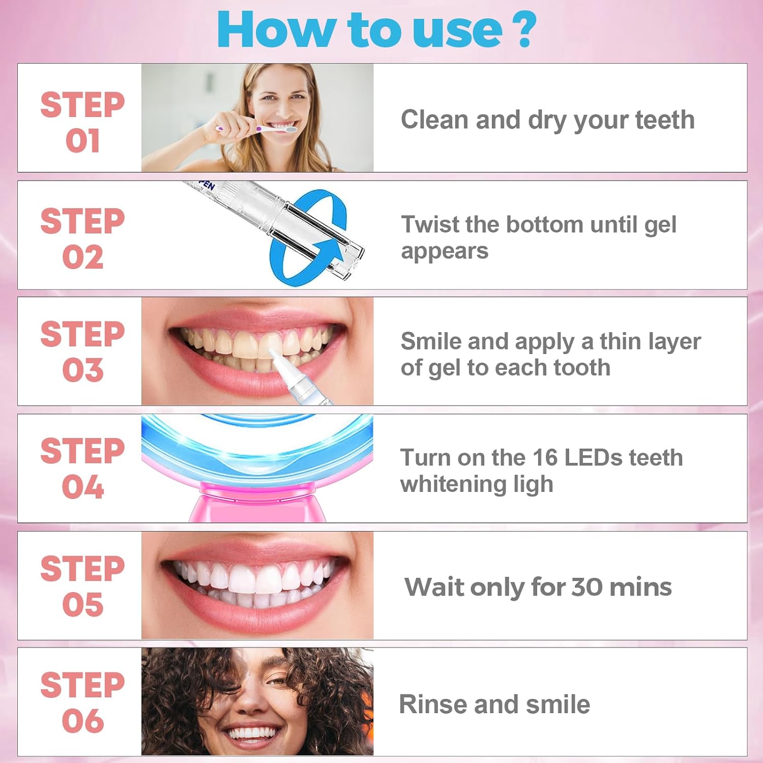 Teeth Whitening Kit for Sensitive Teeth - 16 LED Light - 30 Min Professional Non-Sensitive Fast Teeth Whitener with 3 Carbamide Peroxide Whitening Gel and Shade Guide - Pink - Image 7
