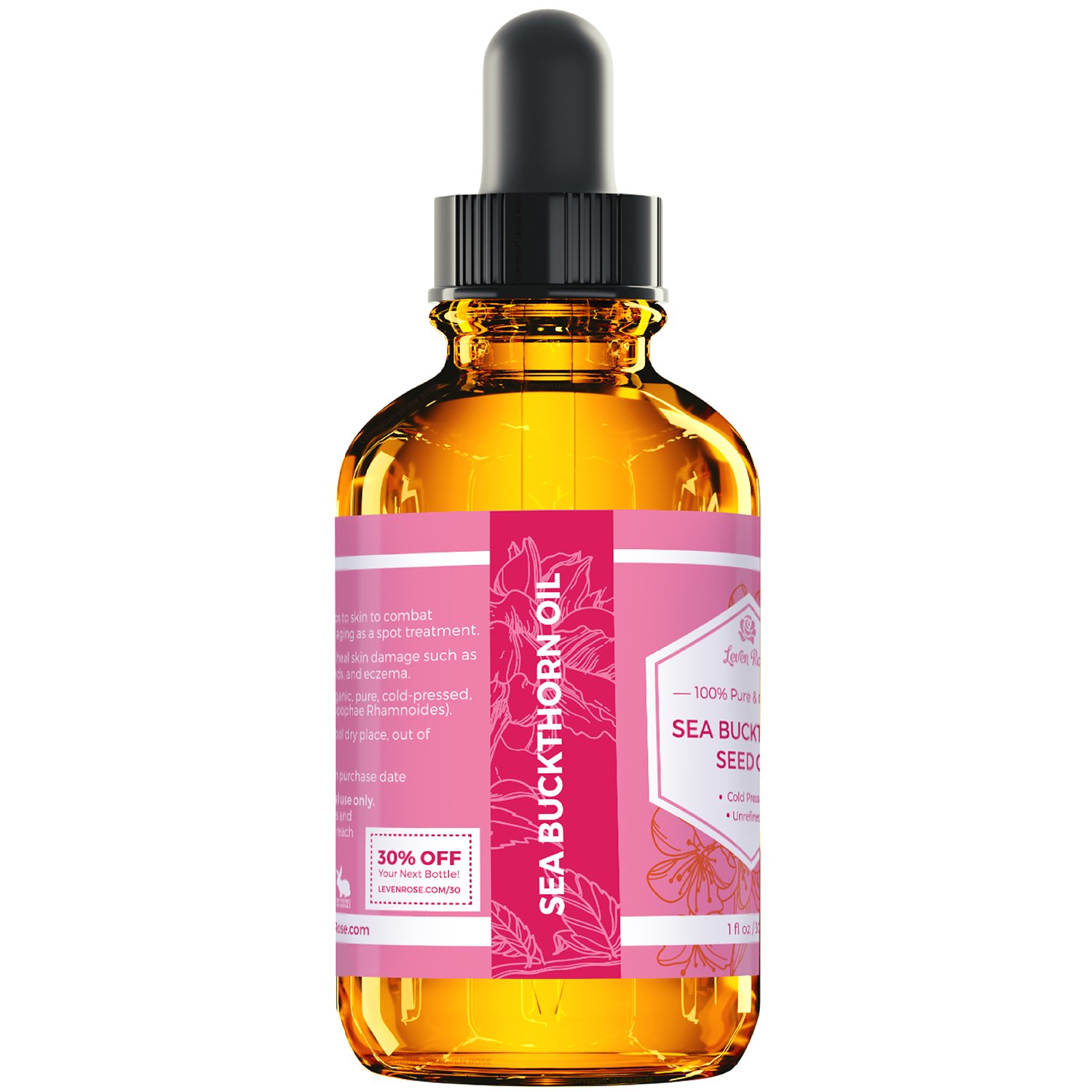 Leven Rose Sea Buckthorn Seed Oil, 100% Pure Unrefined Cold Pressed Anti Aging Acne Treatment for Hair Skin and Nails (1 oz) - Image 3