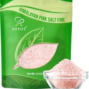 Soeos Himalayan Pink Salt, Fine Grain, 16 oz (1 Pound), Pink Himalayan Sea Salt, Non-GMO, Kosher Salt, Rock Salt for Grinder Refill