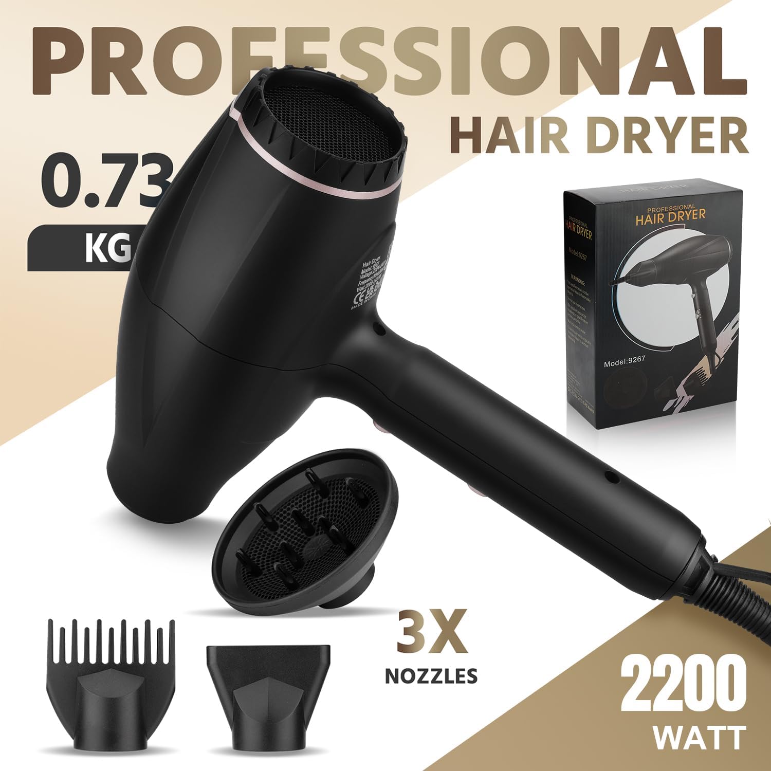 RESUXI Professional Ionic Hair Dryer,2200w AC Motor Blow Dryer Fast Drying Low Noise Travel Hair Dryers with Diffuser Nozzle Concentrator Comb for Women Curly and Straight Hair - Image 2