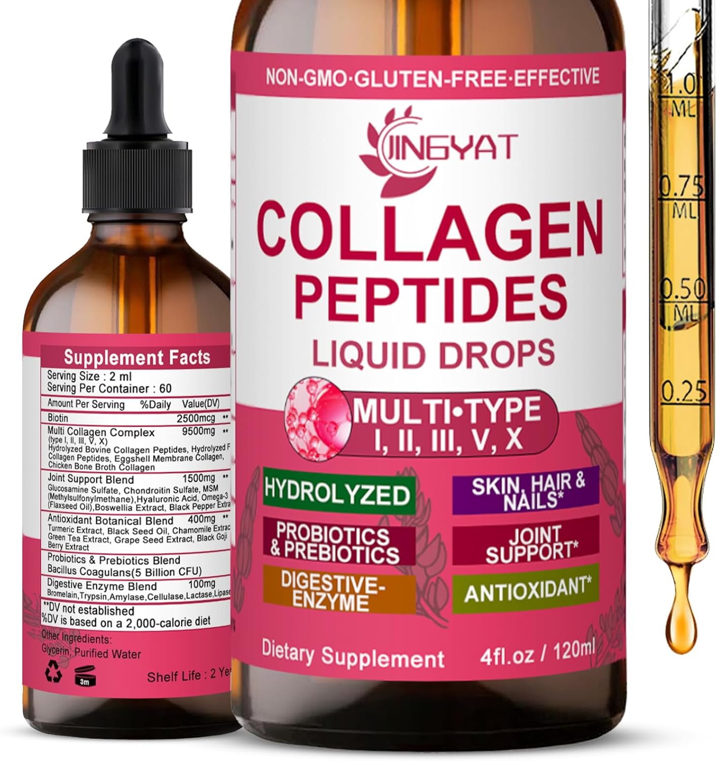Collagen Peptides Liquid Drops, Multi Collagen Peptides for Women w/ Glucosamine Chondroitin MSM Biotin, Hydrolyzed Collagen Peptides Supports Skin Hair Nail Joints Bones Gut Health, 60 Servings