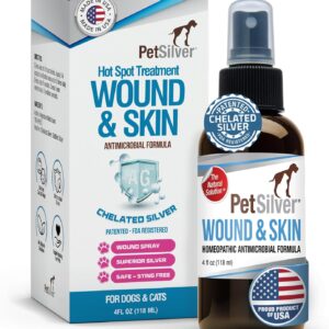 PetSilver Wound & Skin Spray - Dog Wound Spray, Hot Spot, Allergy Relief for Dogs, Itch Spray for Cats - Natural Skin Soother - Chelated Silver, Superior to Colloidal Silver - Made in USA - 4 fl oz