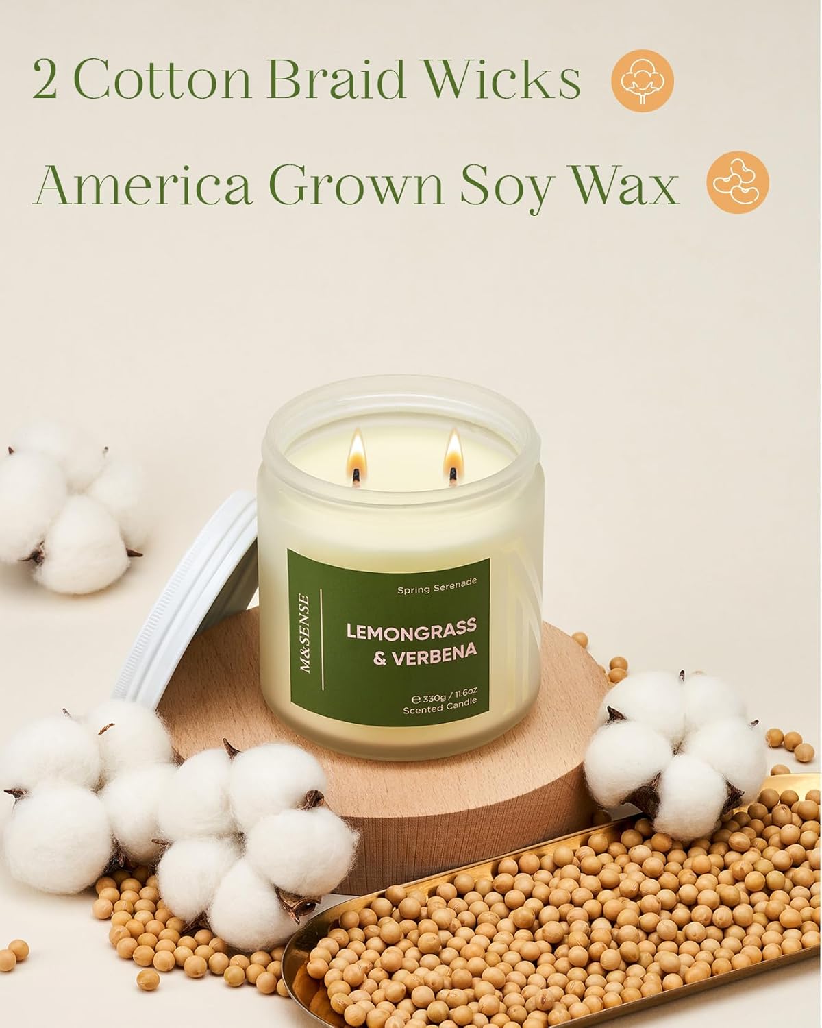M&SENSE Lemongrass Verbena Scented Candle - 11.6oz 70 Hours Burn Time Natural Soy Wax Non-Toxic Candle, 2-Wick Aromatherapy Home Decor Fragrance Gifts for Relaxation & Stress Relief - Image 3