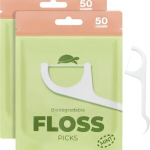 Sea Turtle Dental Floss Picks - Corn Starch Handle - Thin Thread Tooth Flossers - Mint (100)
