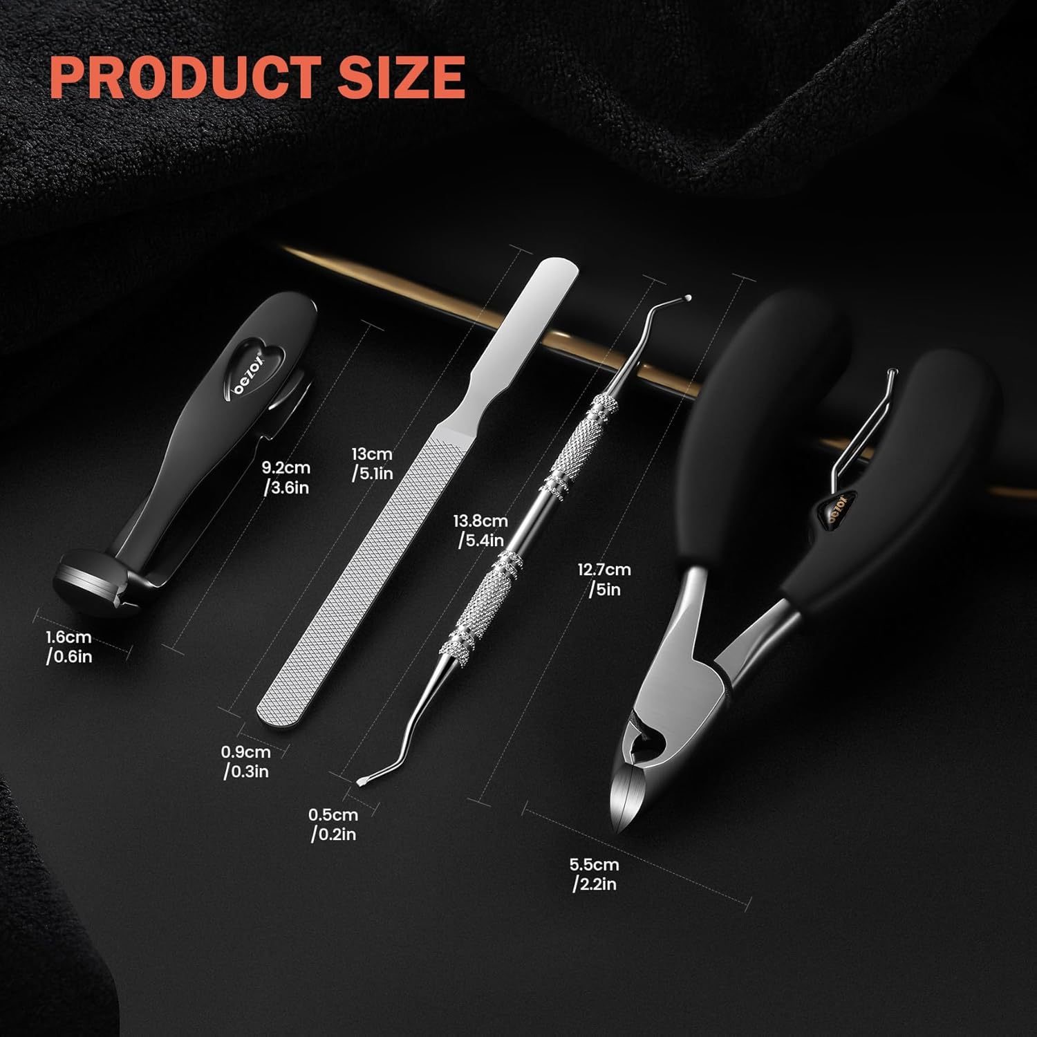 BEZOX Toenail Clipper Kit 4PCS Nail Care Set for Ingrown Toenails β Curved Head Toe Nail Clippers for Seniors for Thick Nails, Thick Fingernail Clippers, Long Nail File & Dual-Ended Lifter - Black - Image 8