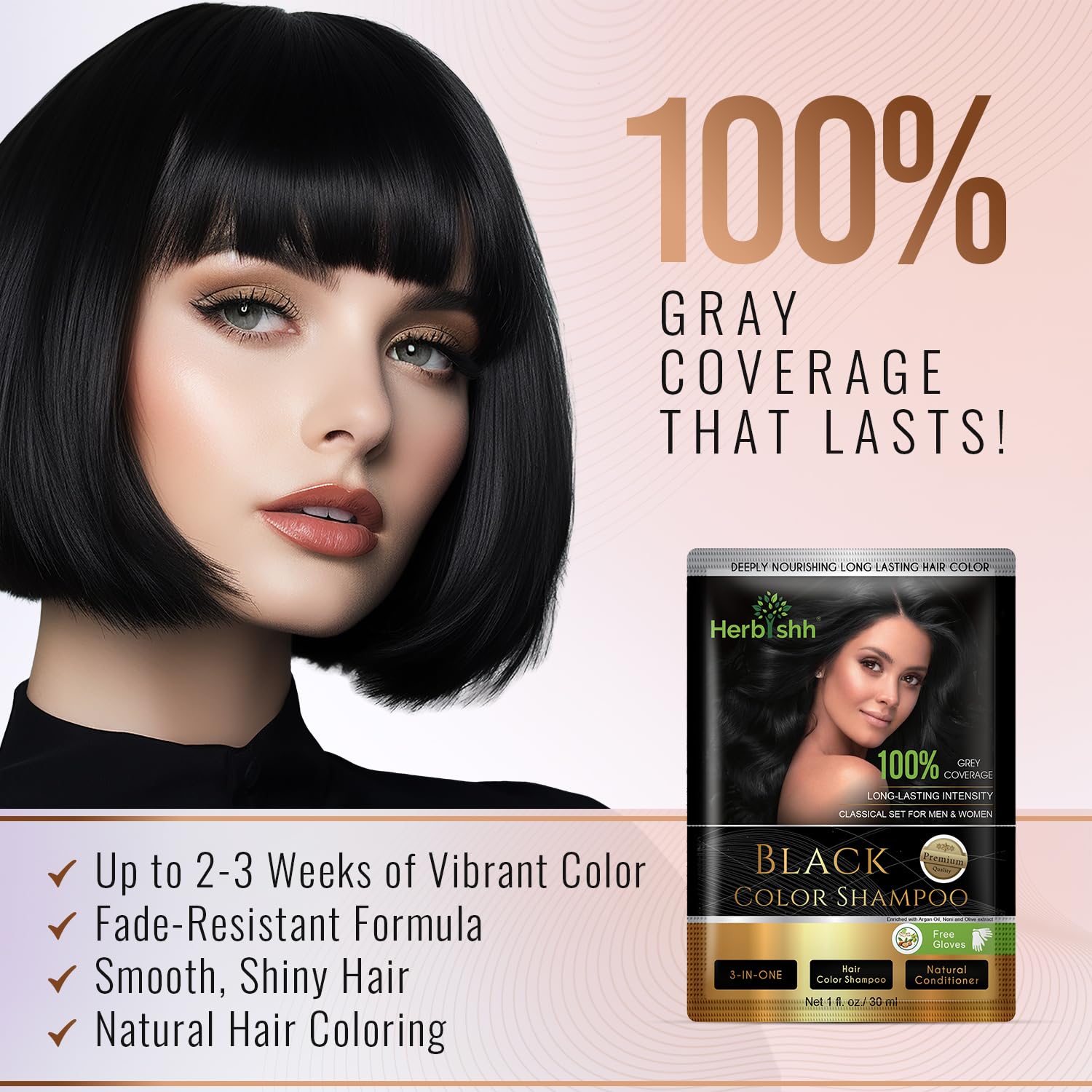 Herbishh Natural Hair Dye Shampoo with Argan Mask - Long-Lasting Color for Gray Hair - Travel Size, 10+1 Pack, Ammonia-Free (Black) - Image 2