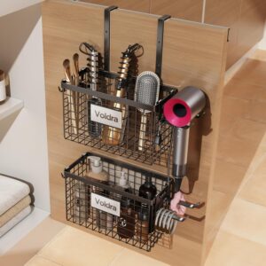 Voldra 2 Pack Hair Dryer Holder Cabinet Door, Adhesive Hair Tool Organizer Wall Mount Adjustable Height Blow Dryer Holder Under Sink for Flat Curling Iron, Hair Straightener Brush(Black)