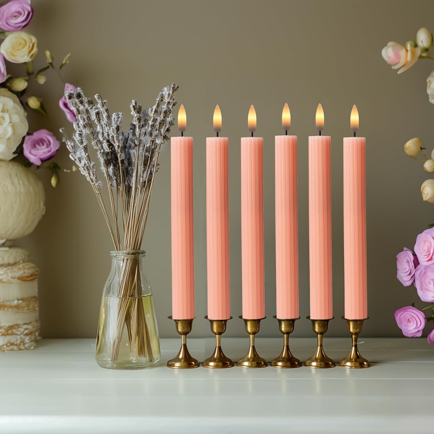6 Pack 10 Inch Pink Peach LED Flameless Taper Candles with Remote Timer - Image 7