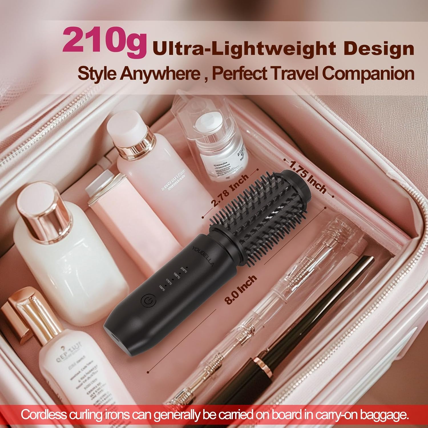 Cordless Hair Curling Iron Brush, Mini Travel Hot Straightener Comb, 3-in-1 Portable Wave Curling Wand, 1.5″ Ionic Heated Brush, USB Rechargeable Hair Curler, Pink - Image 2