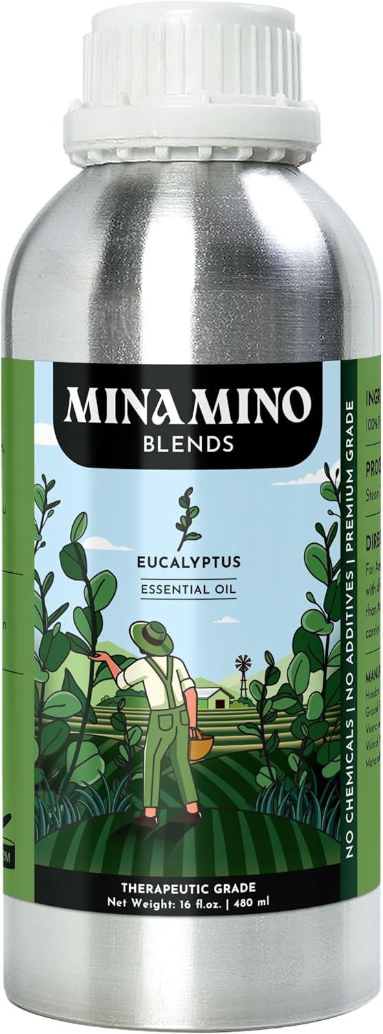 16 fl oz - Eucalyptus Essential Oil (100% Pure & Natural) Large Aluminum Bottle for Aromatherapy, Diffuser, Candle & Soap Making - Minamino Blends