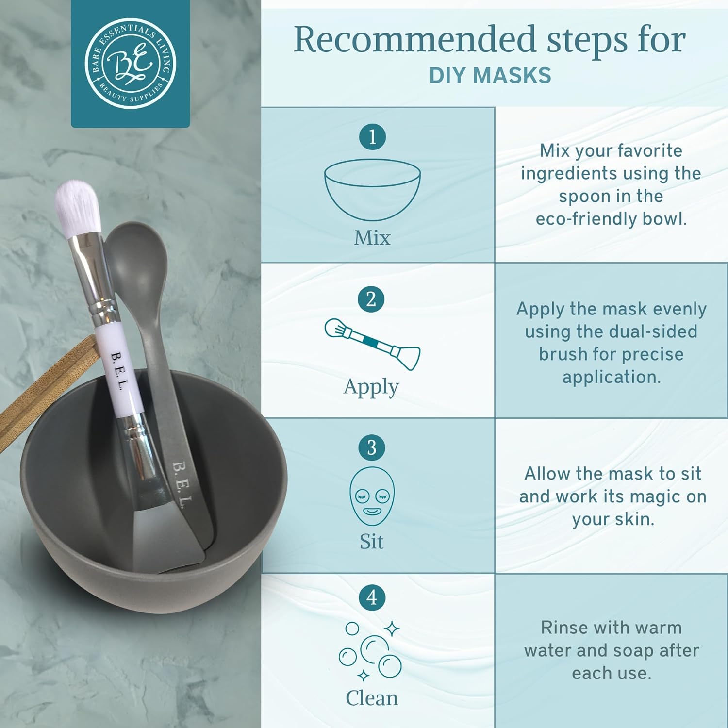 Grey Clay Face Mask Mixing Bowl Set with Bamboo Lid, Spoon, and Dual-Sided Brush for DIY Skincare - Image 5