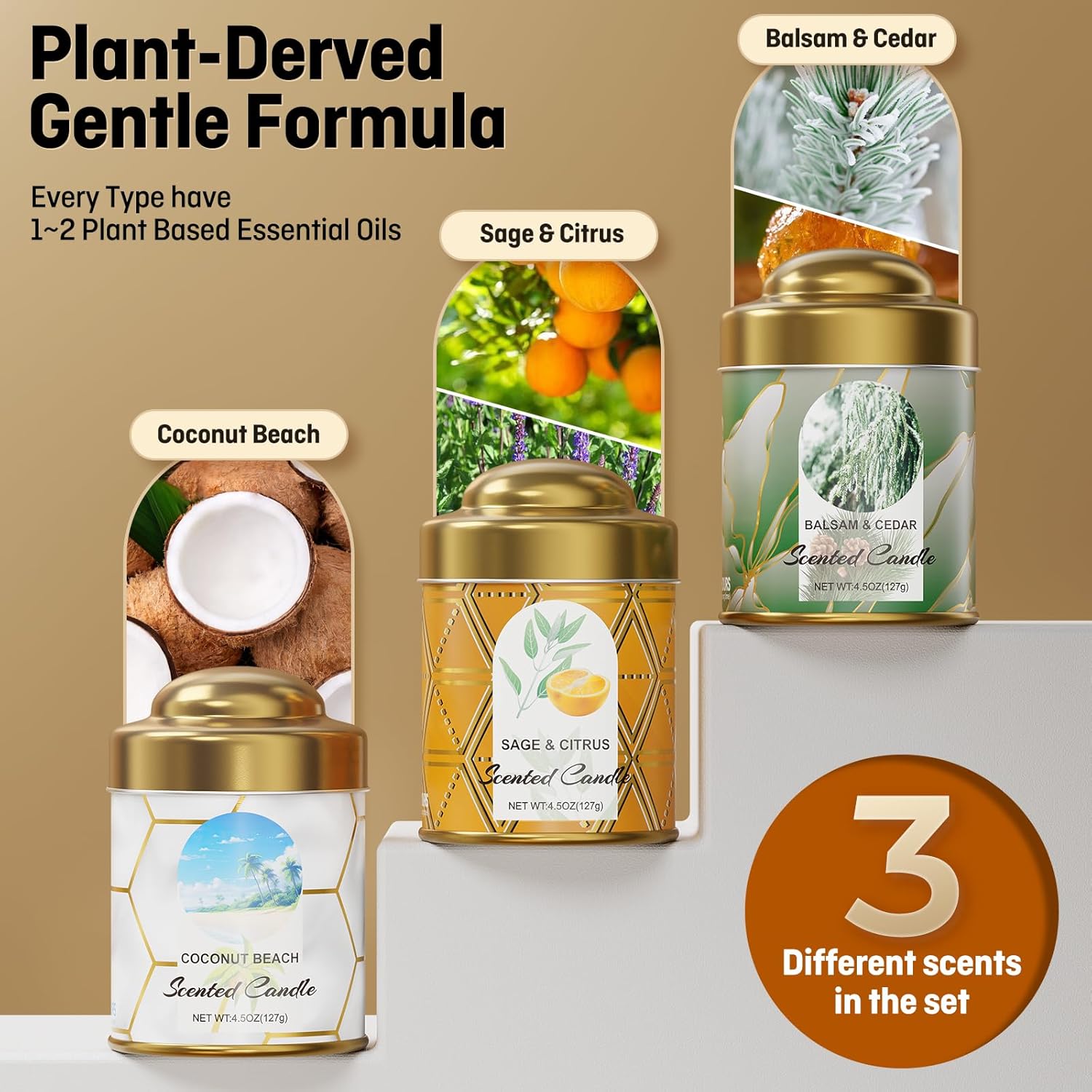 3-Pack Aromatherapy Candle Set - Balsam & Cedar, Sage & Citrus, Coconut & Beach Scented Candles | 4.5oz × 3 (13.5oz Total) | 75+ Hour Total Burn | Natural Soy Candles for Home, Gifts & Christmas - Image 3