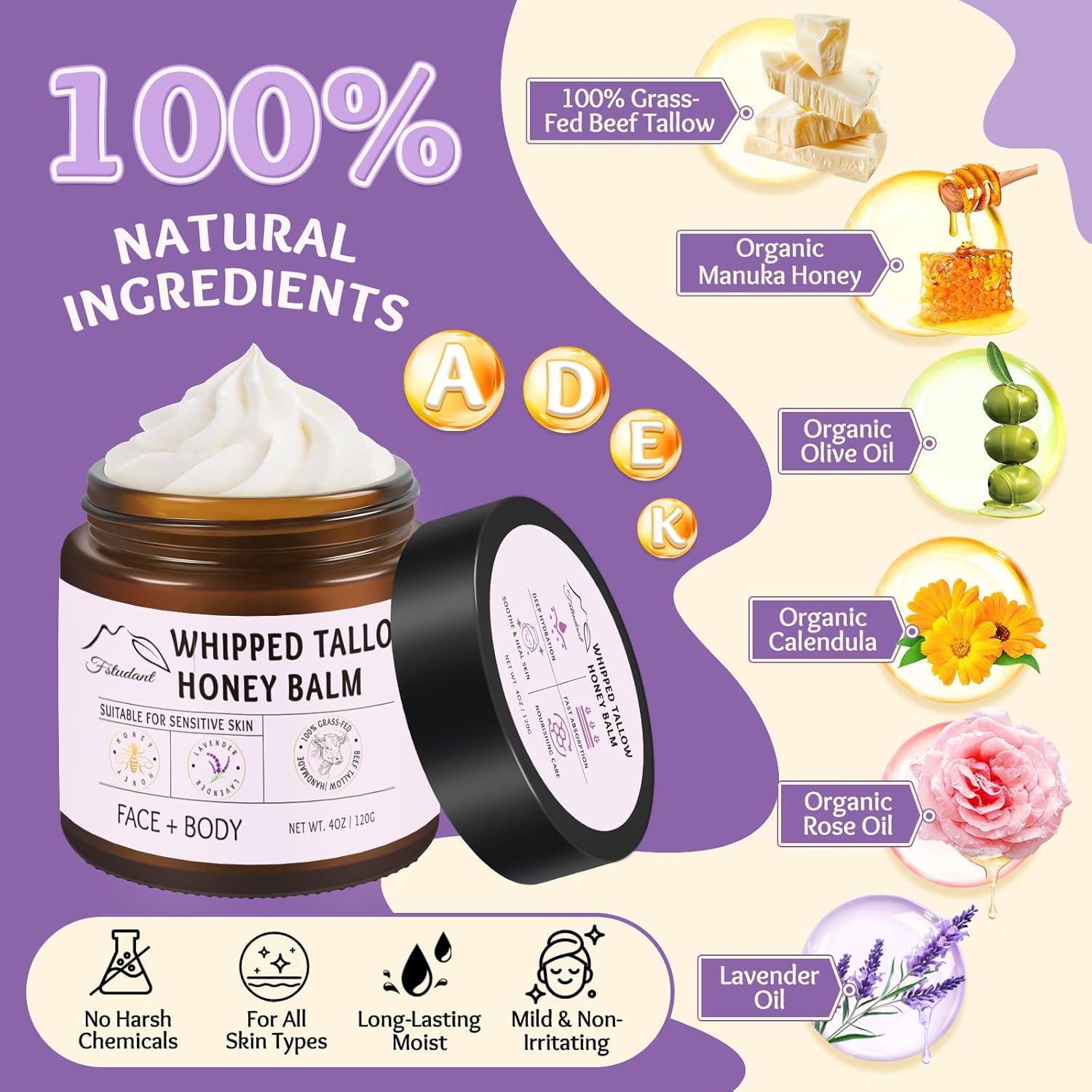 All Natural Lavender Beef Tallow and Honey Whipped Face and Body Moisturizer 4oz - Image 3
