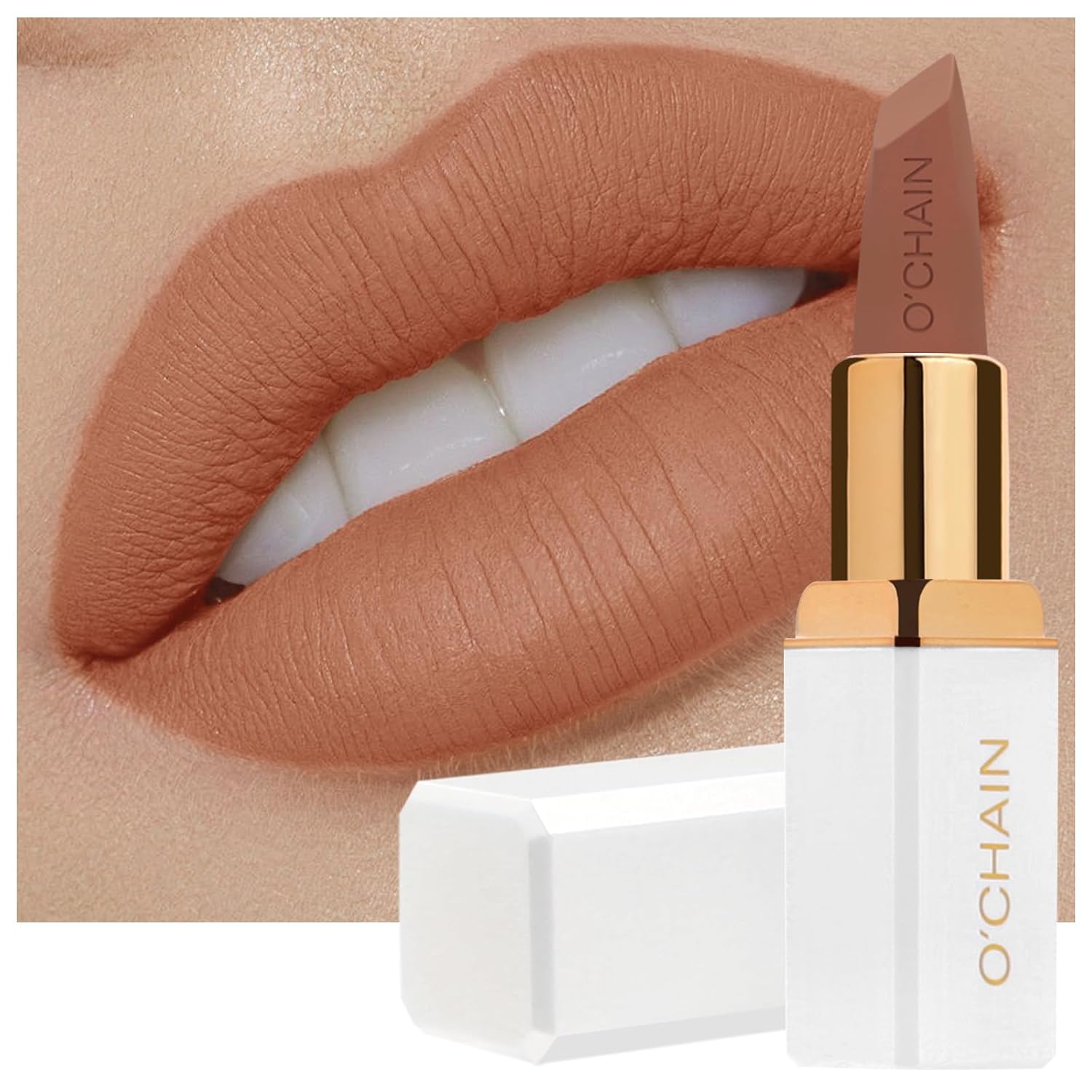 O'CHAIN Nude Matte Lipstick, Long Lasting Full Coverage Non-Transfer Lipstick for Women Infused with Jojoba Oil and Vitamin E, Cruelty-Free & Vegan (03 MINX) 0.12 Oz