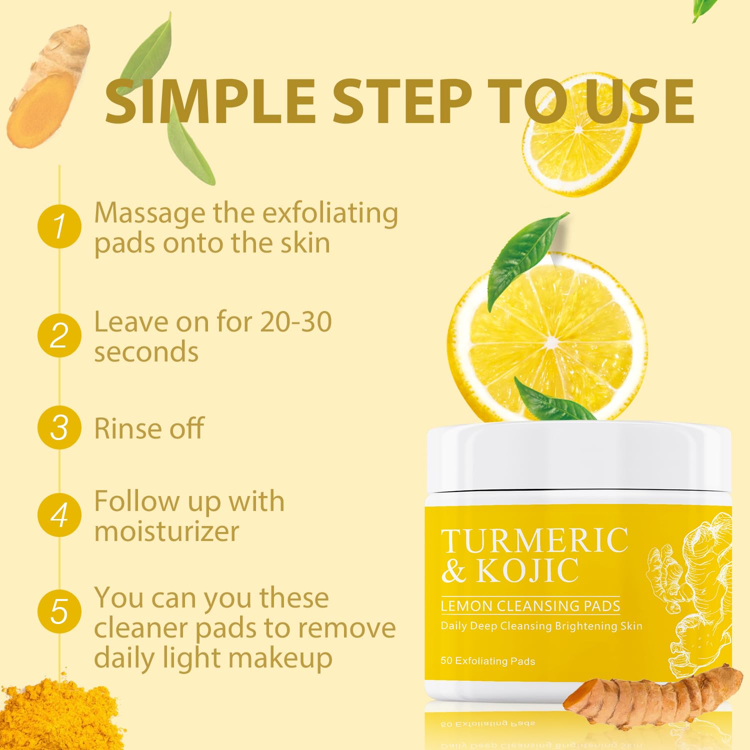 Turmeric Kojic Lemon Exfoliating Cleansing Pads 50 Count for Radiant Skin - Image 6