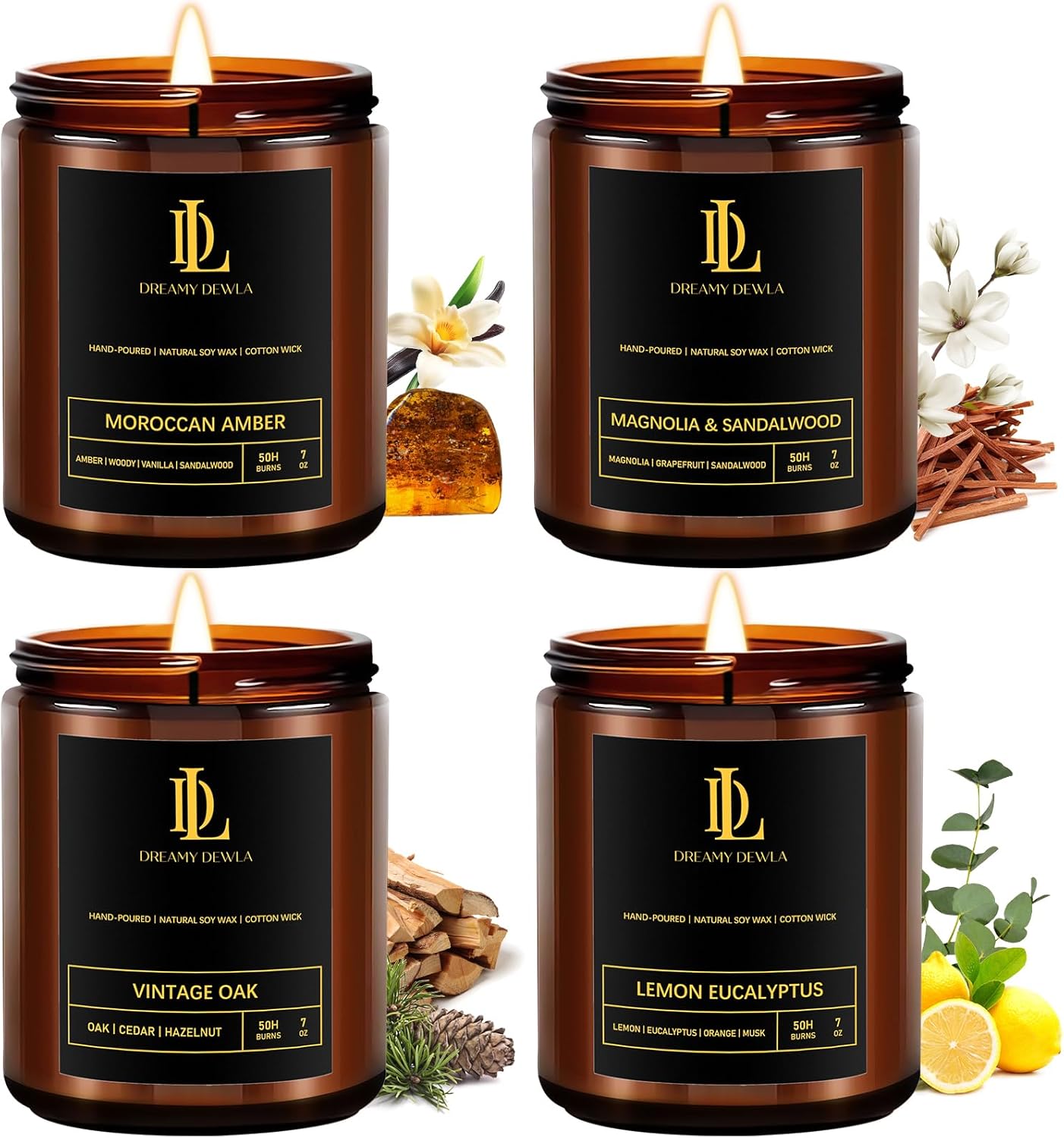 Scented Candles Set, Men Candle Set, 4 Pack Candles Gifts for Men, Soy Candle Scents of Vintage Oak/Magnolia & Sandalwood/Moroccan Amber/Lemon Eucalyptus
