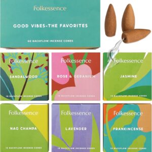 Folkulture Backflow Incense Cones for Waterfall | Set of 6 Waterfall Incense Cones Scented | Frankincense, Jasmine, Rose & Geranium, Sandalwood, Nag Champa | Lavender Inscents-Cones (Good Vibes)