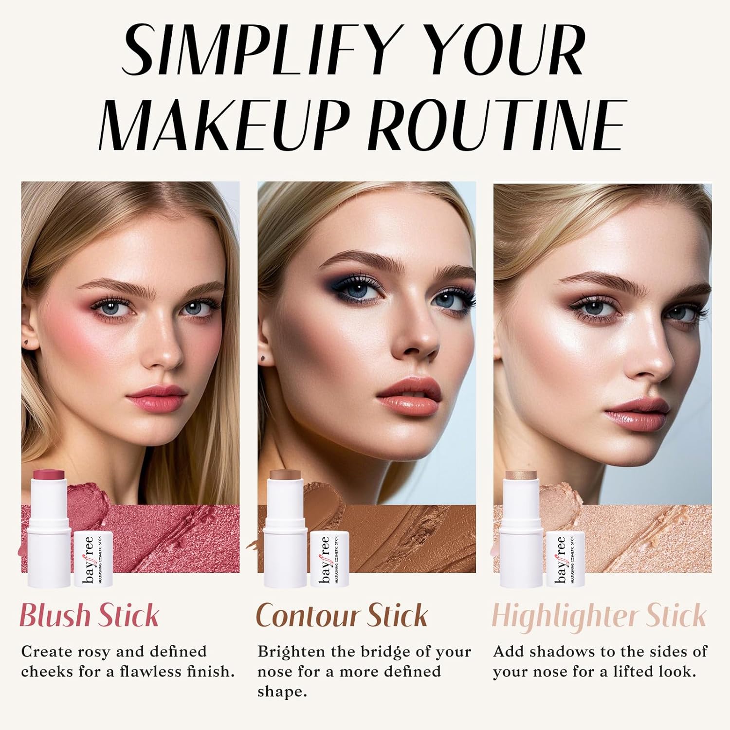 KIMUSE Face Sticks Trio, Cream Blush Stick & Highlighter Stick & Contour Stick for Sculpt the Cheeks, Long Lasting Cream Contour Stick Trio for Face Makeup, with Brush - Image 2