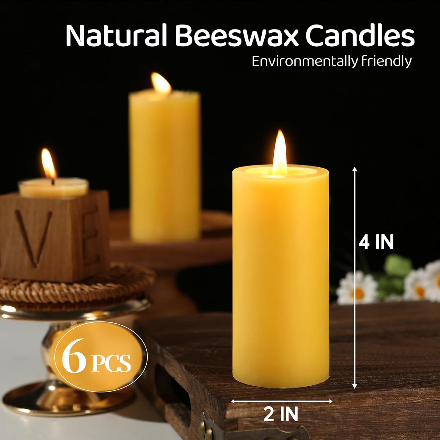 6 Pack 100% Pure Natural Beeswax Pillar Candles 2x4 Inch Unscented 210 Hour Burn Time - Image 2