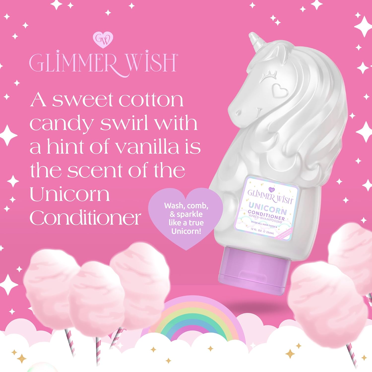 Glimmer Wish Unicorn Kids Paraben Sulfate Free Conditioner Cotton Candy Scent 12 Fl Oz - Image 4