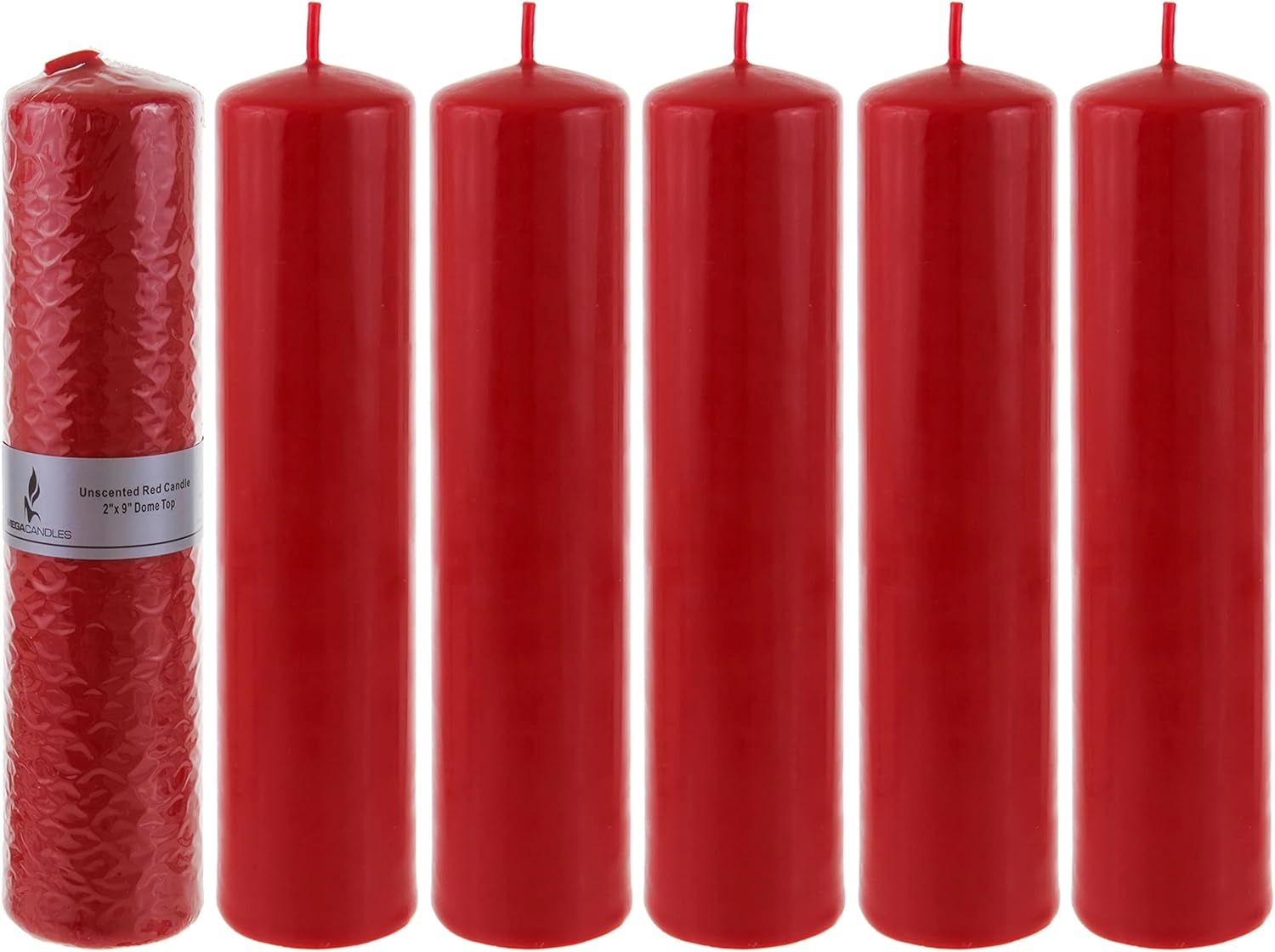 Mega Candles 6 pcs Unscented Dome Top Red Pillar Candles, Pressed Premium Wax Candle 2 Inch x 9 Inch, Home Décor, Weddings, Parties, Celebrations, Occasions, Florists, Events, Prayers, Memorials